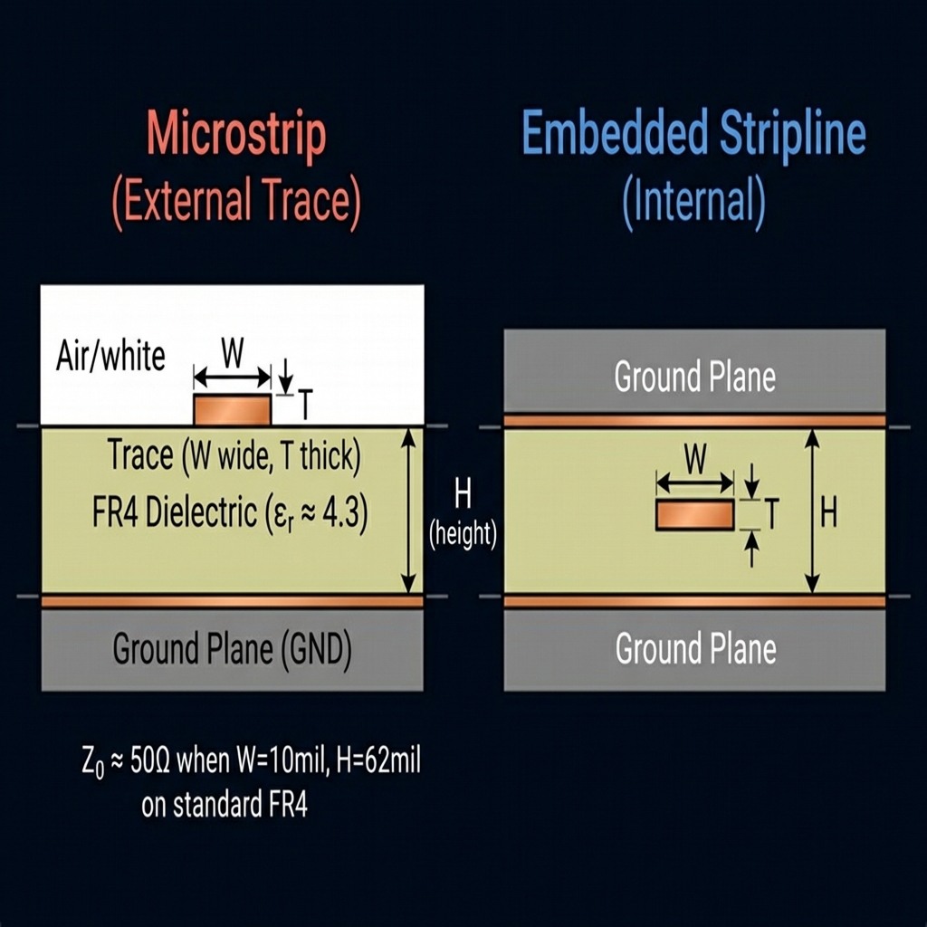 PCB Microstrip and Embedded Stripline Cross-Section Diagram showing trace width, dielectric height, and ground planes